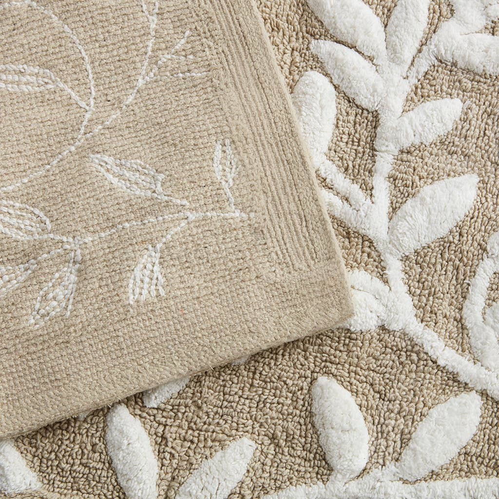Dimensional Leaf Cotton Tufted Anti-Skid Bath Rug, Taupe -