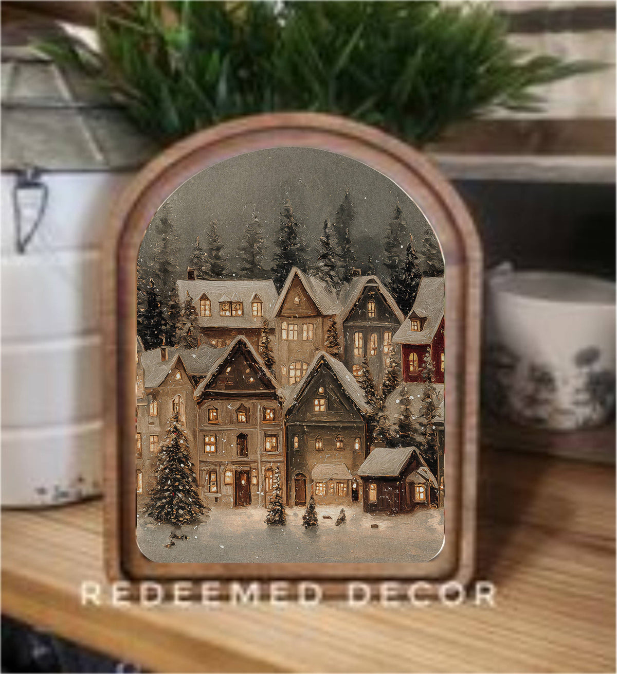 Arch Top Snowy Christmas Village Framed Art -