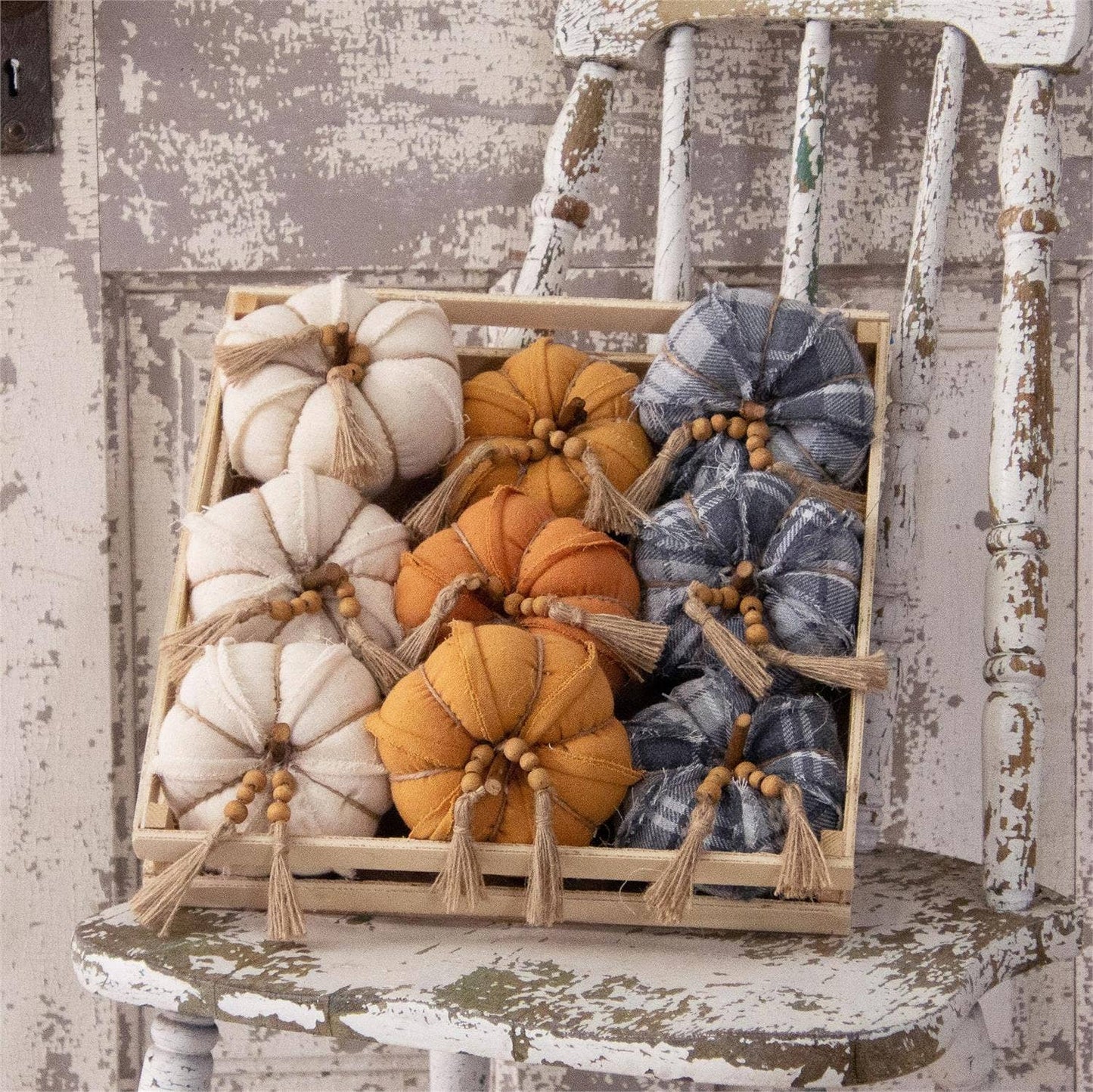 Crate Of 9 - Fabric Pumpkins With Bead Tassel (Pk/09 Ast) -