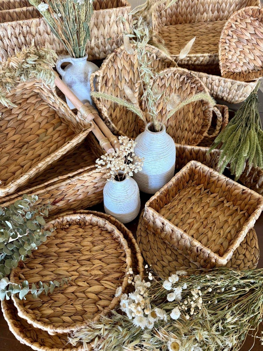 WG-1003 - Round Handled Water Hyacinth Trays, set of 2 - Decorative Trays