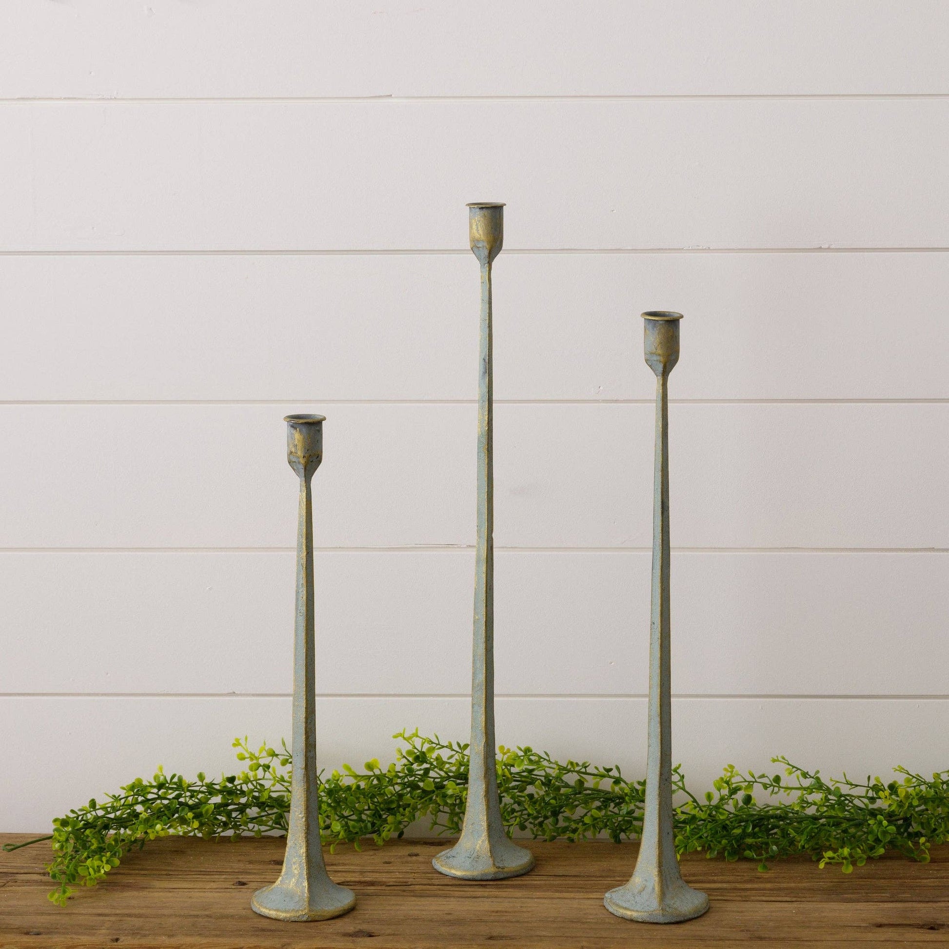 Hand Forged Metal Candle Holders, Verde Green Patina -