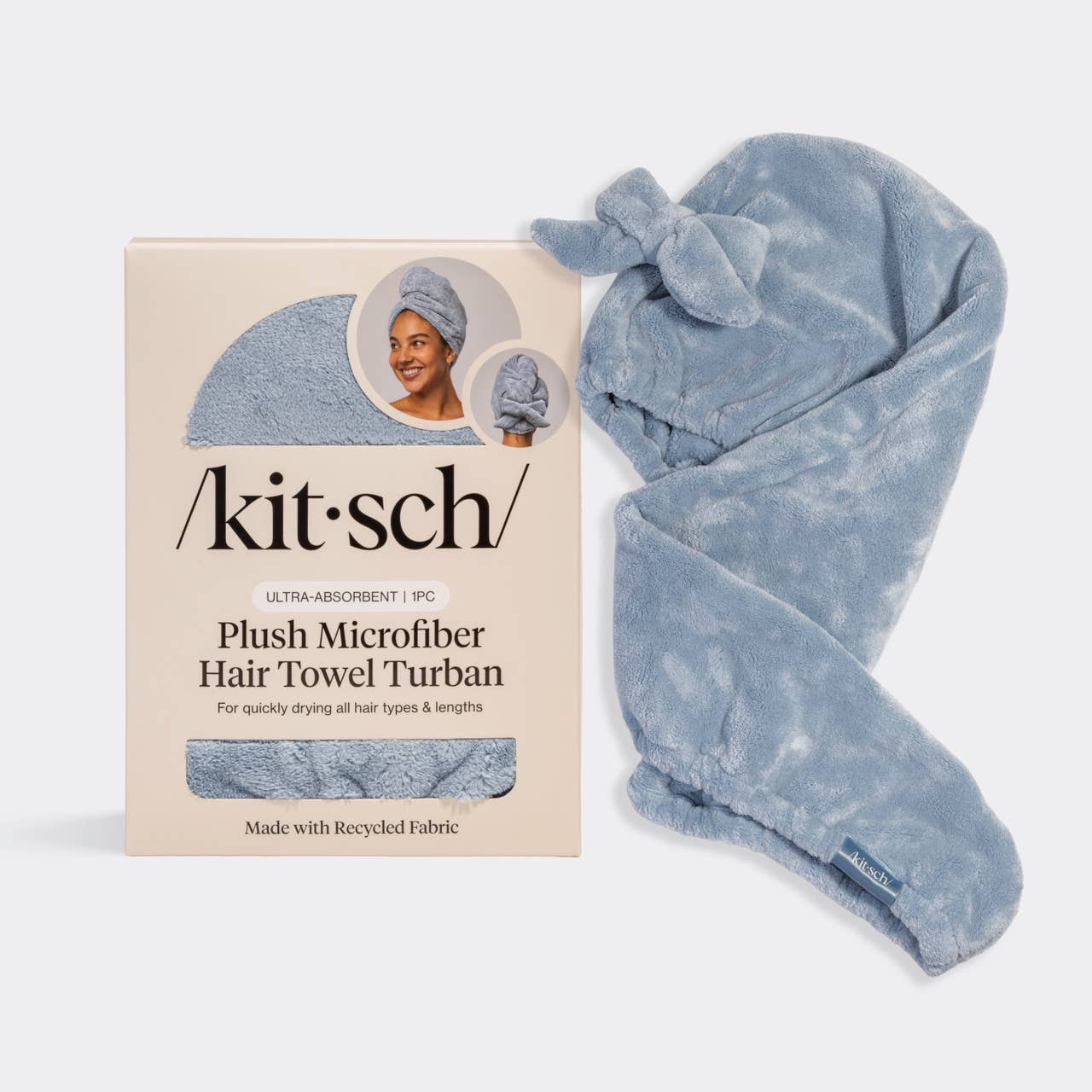 Plush Microfiber Hair Towel Turban with Bow - Coastal Blue -