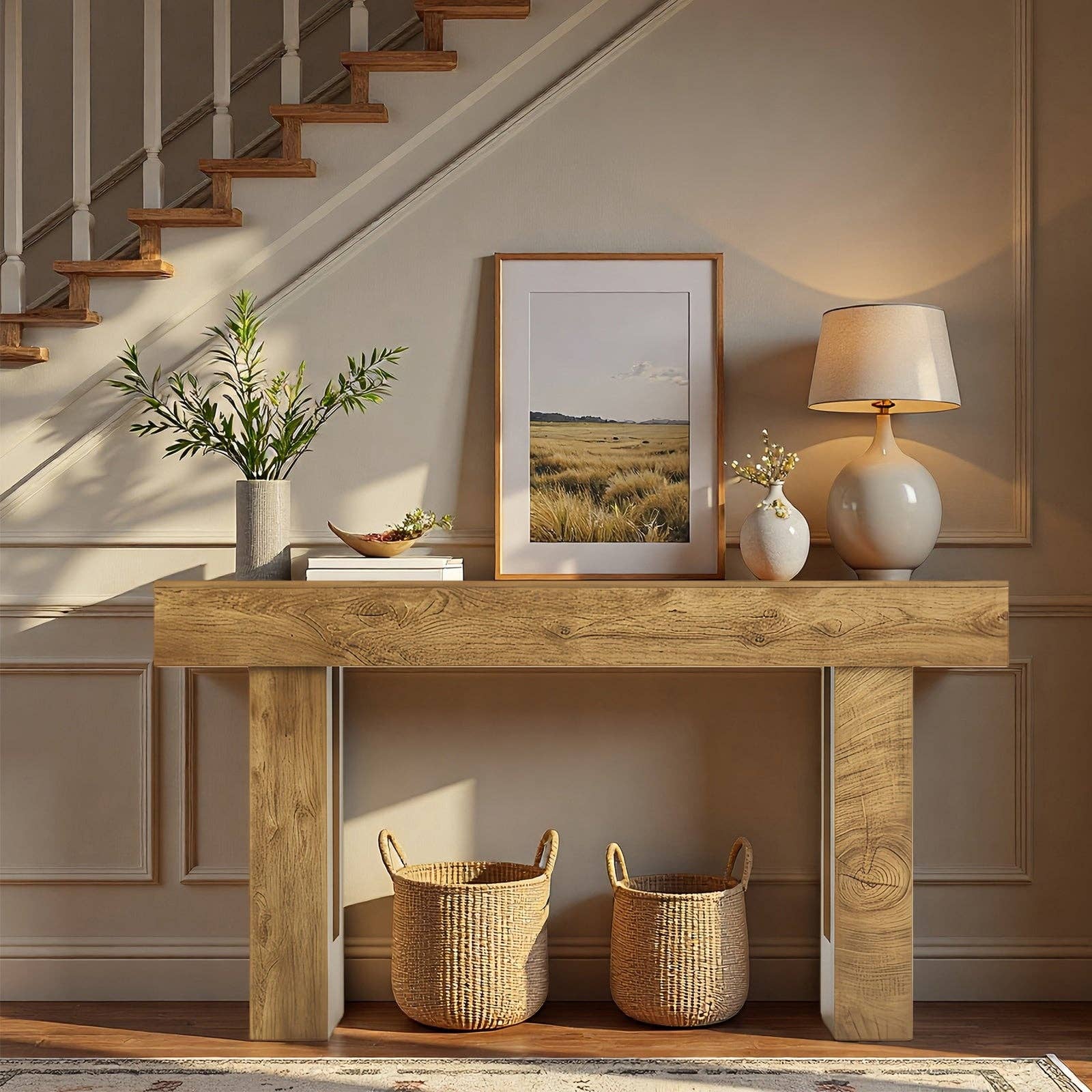 63'' Long Console Table, Farmhouse Entryway Table with Storage, Native Wood Grain Tree Scars, Wooden Rectangular Sofa Table Behind Couch for Entrance, Hallway, Living Room, Foyer (Natural Wood) -