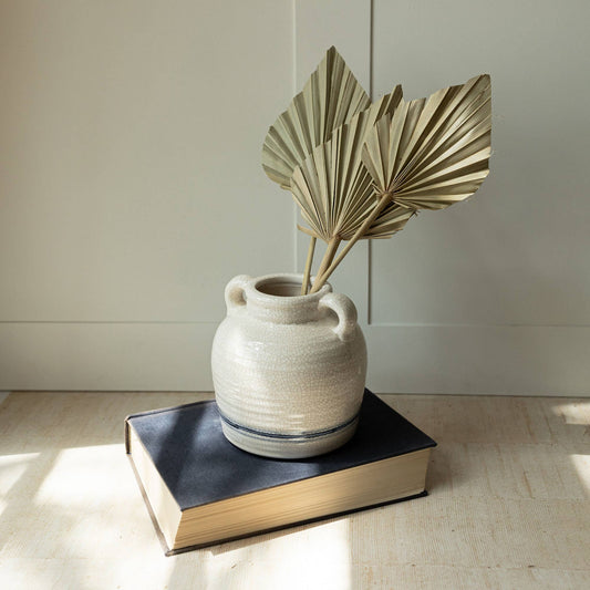 Edaline Vintage Crackle Ceramic Blue Stripe Vase Handles