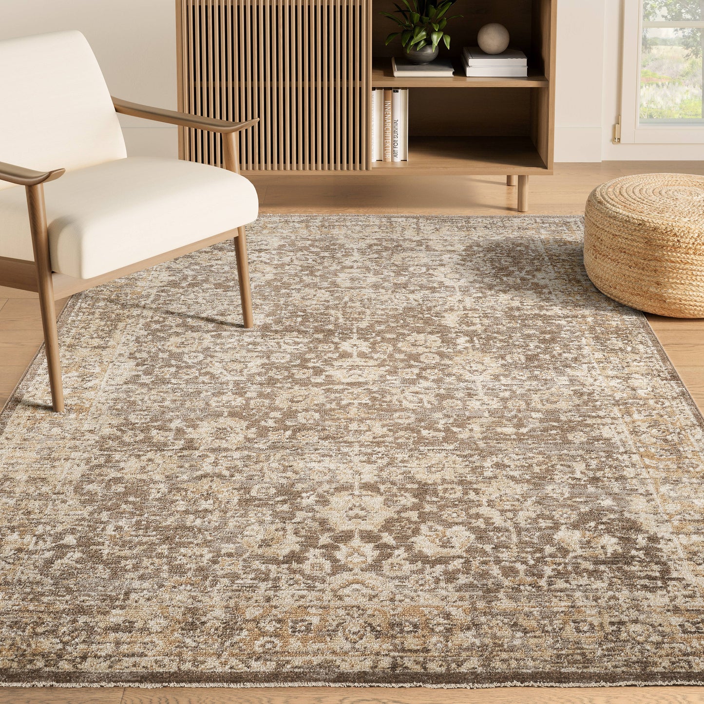Evelyn Distressed Floral Beige Taupe Area Rug -