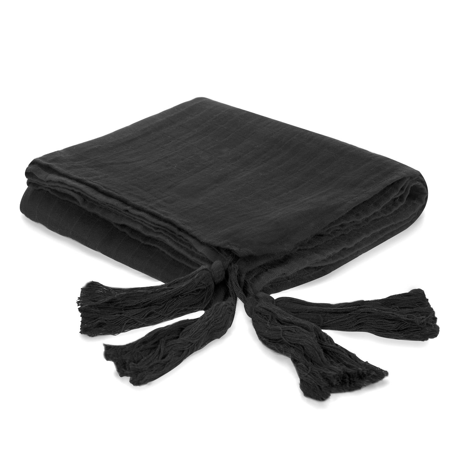 Organic Cotton Muslin XL Throw Blanket - Onyx Tassels -