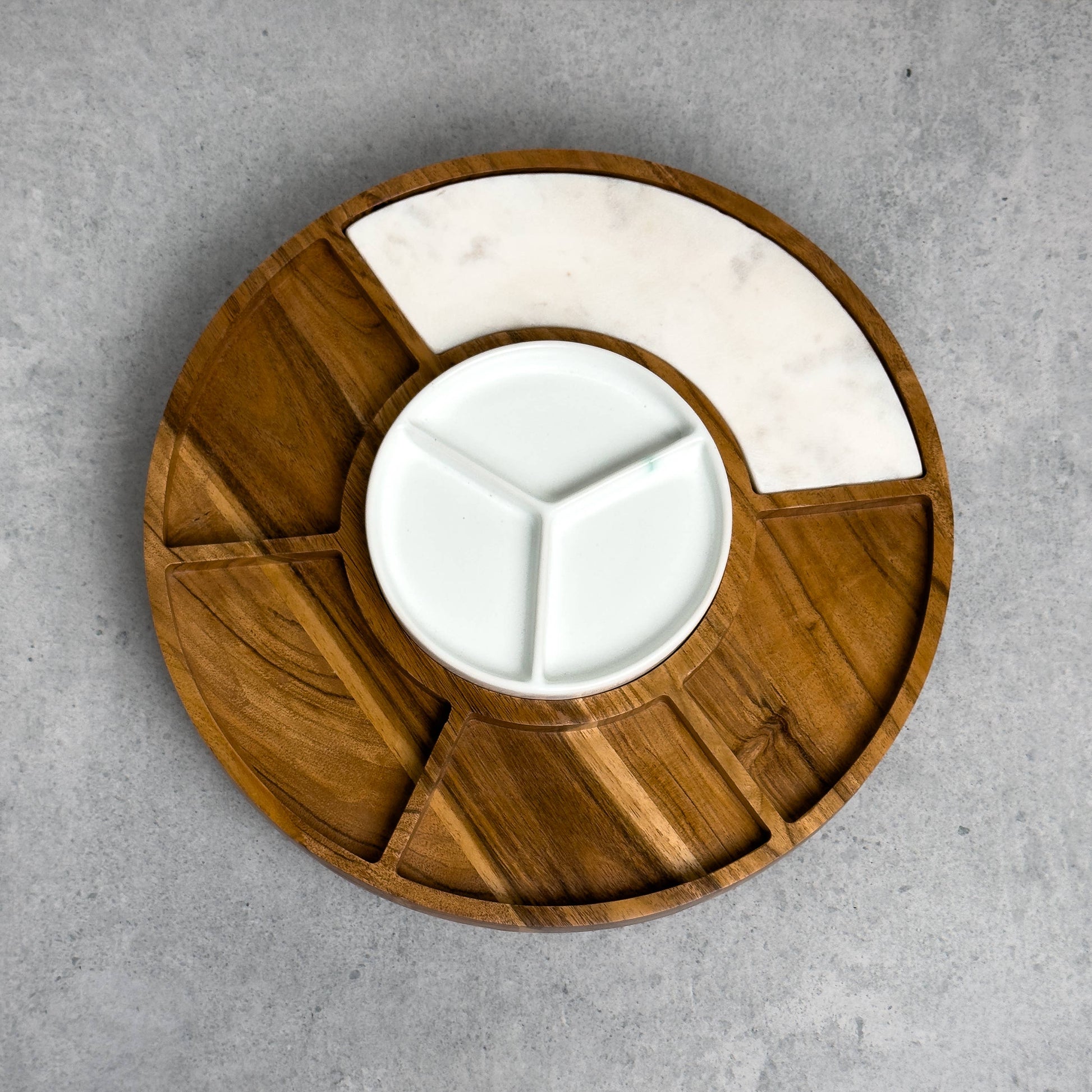 Sectioned serving tray with Wood, Ceramic, & Marble -