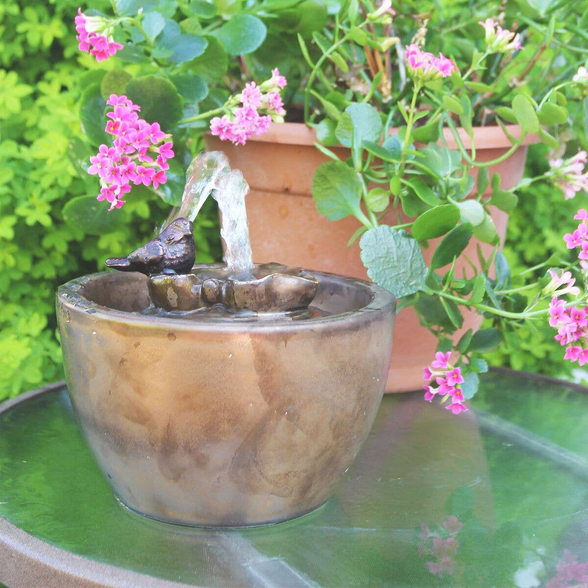 Bronze Bird on Leaf Garden Water Fountain with Pump - Fountains