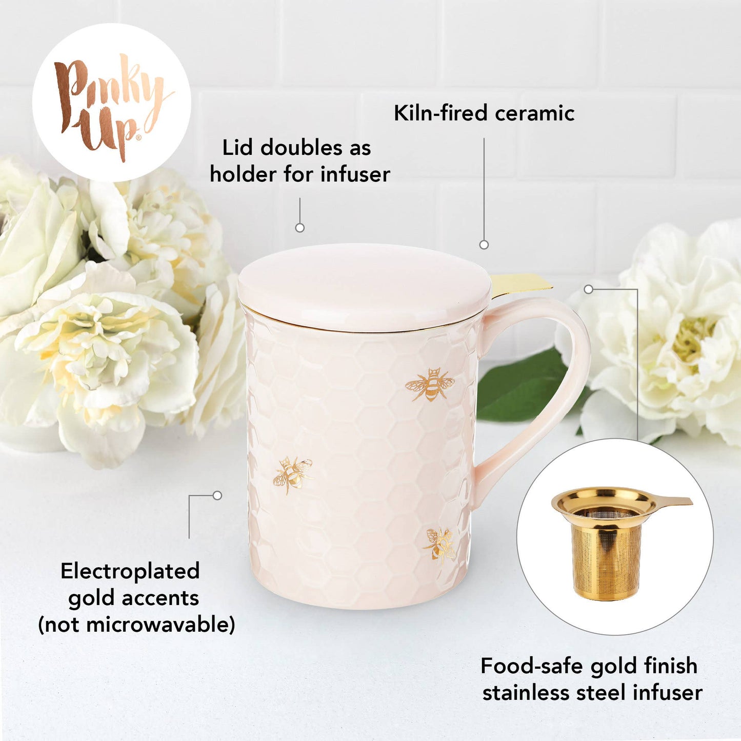 Annette™ 3D Ceramic Mug with Infuser Honeycomb Bee Happy -