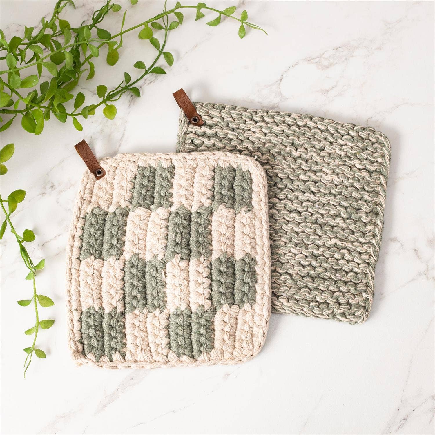 Knitted Pot Holder - Sage and Cream (Pk/06 Ast) -