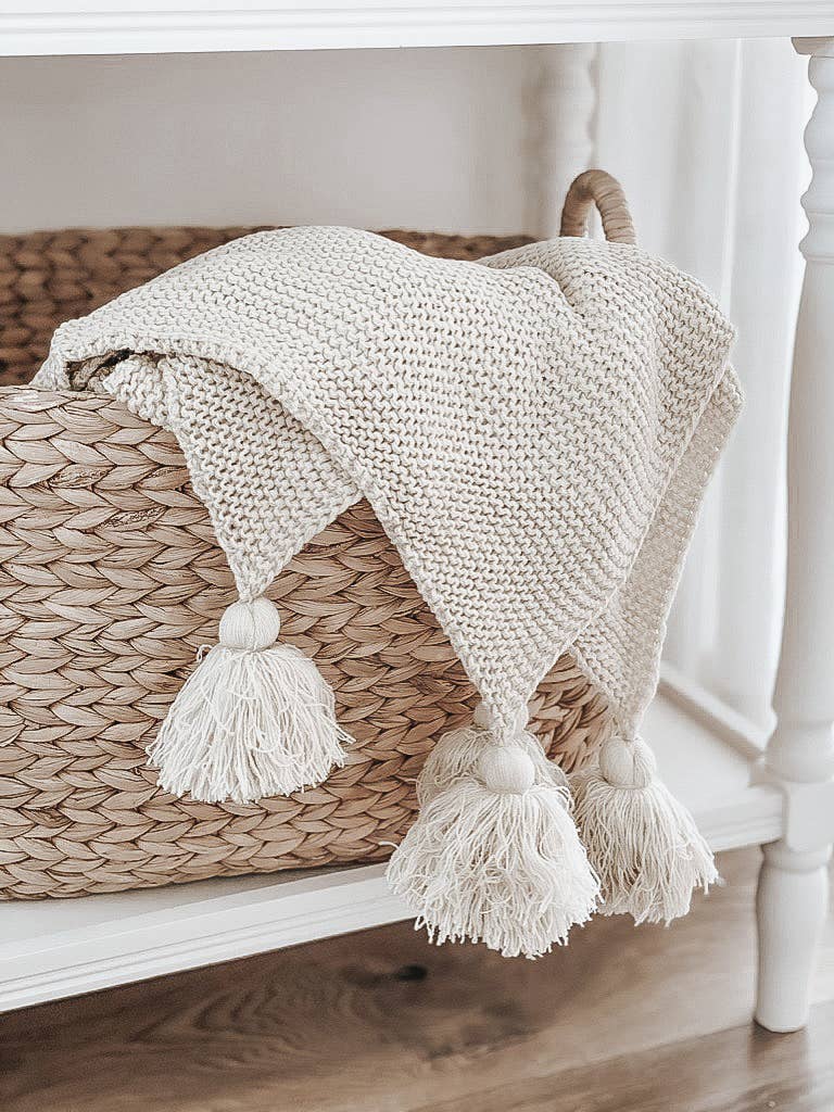 Knit Throw Blanket With Tassels -