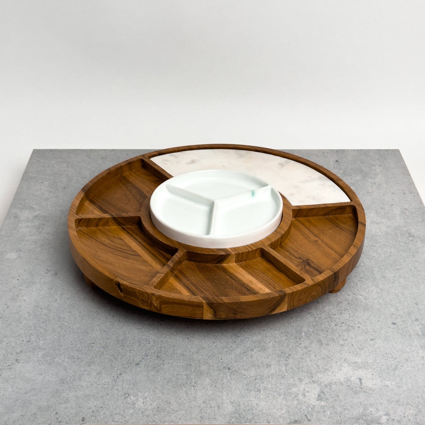 Sectioned serving tray with Wood, Ceramic, & Marble -