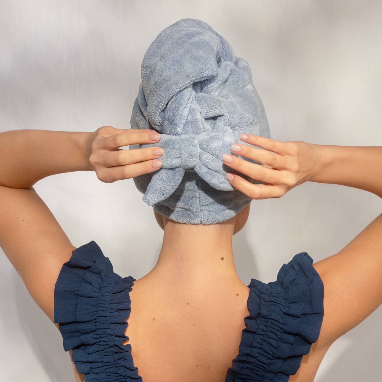 Plush Microfiber Hair Towel Turban with Bow - Coastal Blue -