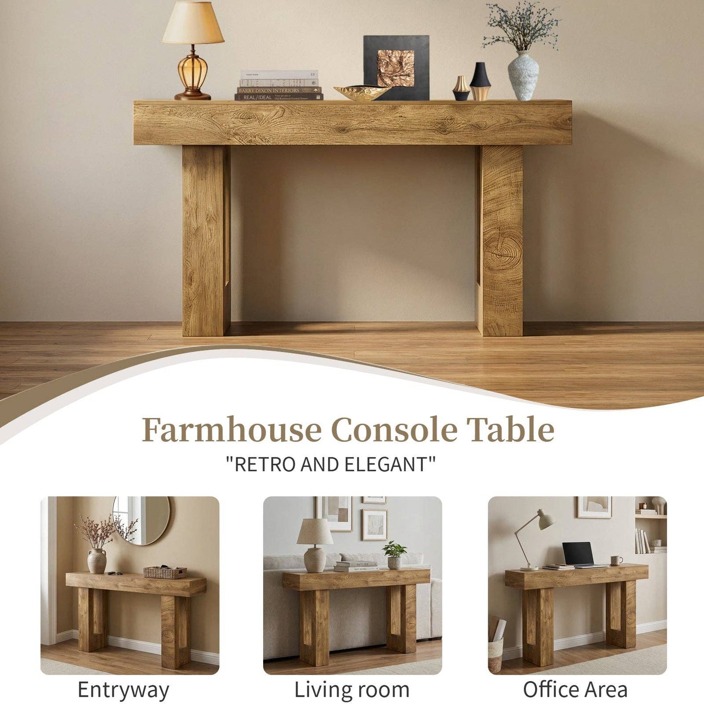 63'' Long Console Table, Farmhouse Entryway Table with Storage, Native Wood Grain Tree Scars, Wooden Rectangular Sofa Table Behind Couch for Entrance, Hallway, Living Room, Foyer (Natural Wood) -