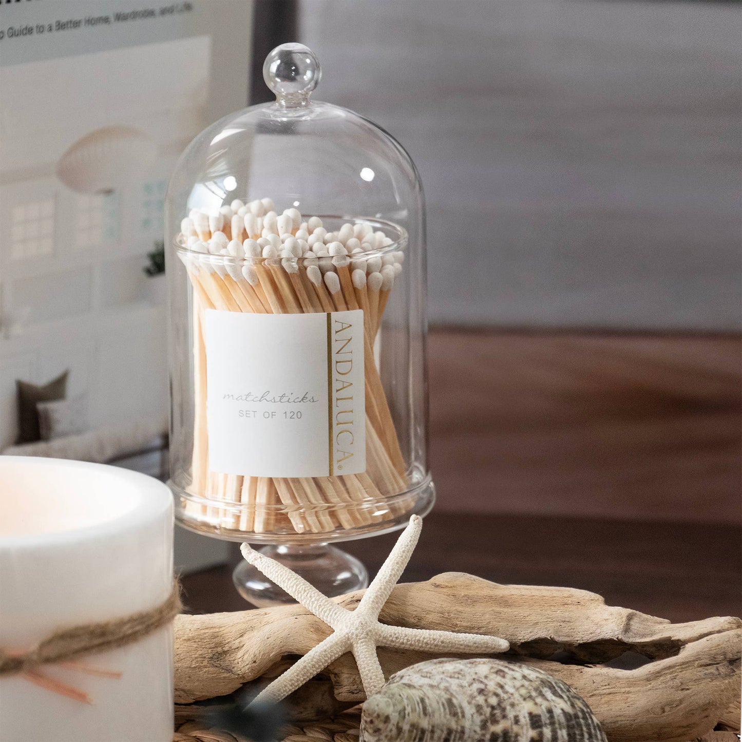 Tall Glass Jar with Lid & 120 Wooden White Matches -