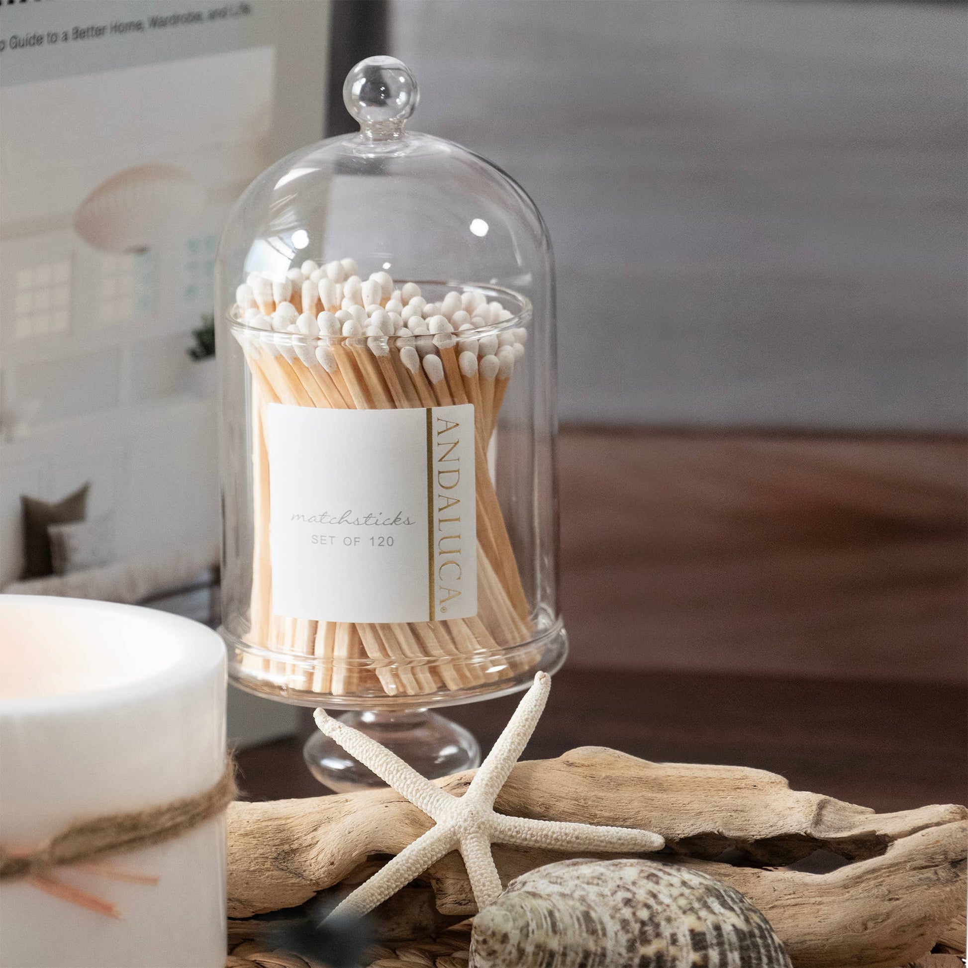 Tall Glass Jar with Lid & 120 Wooden White Matches -