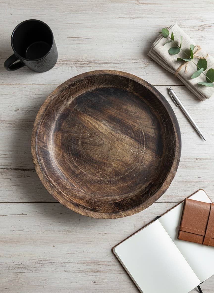 Dark Wooden Bowl 14x14x2.5in -