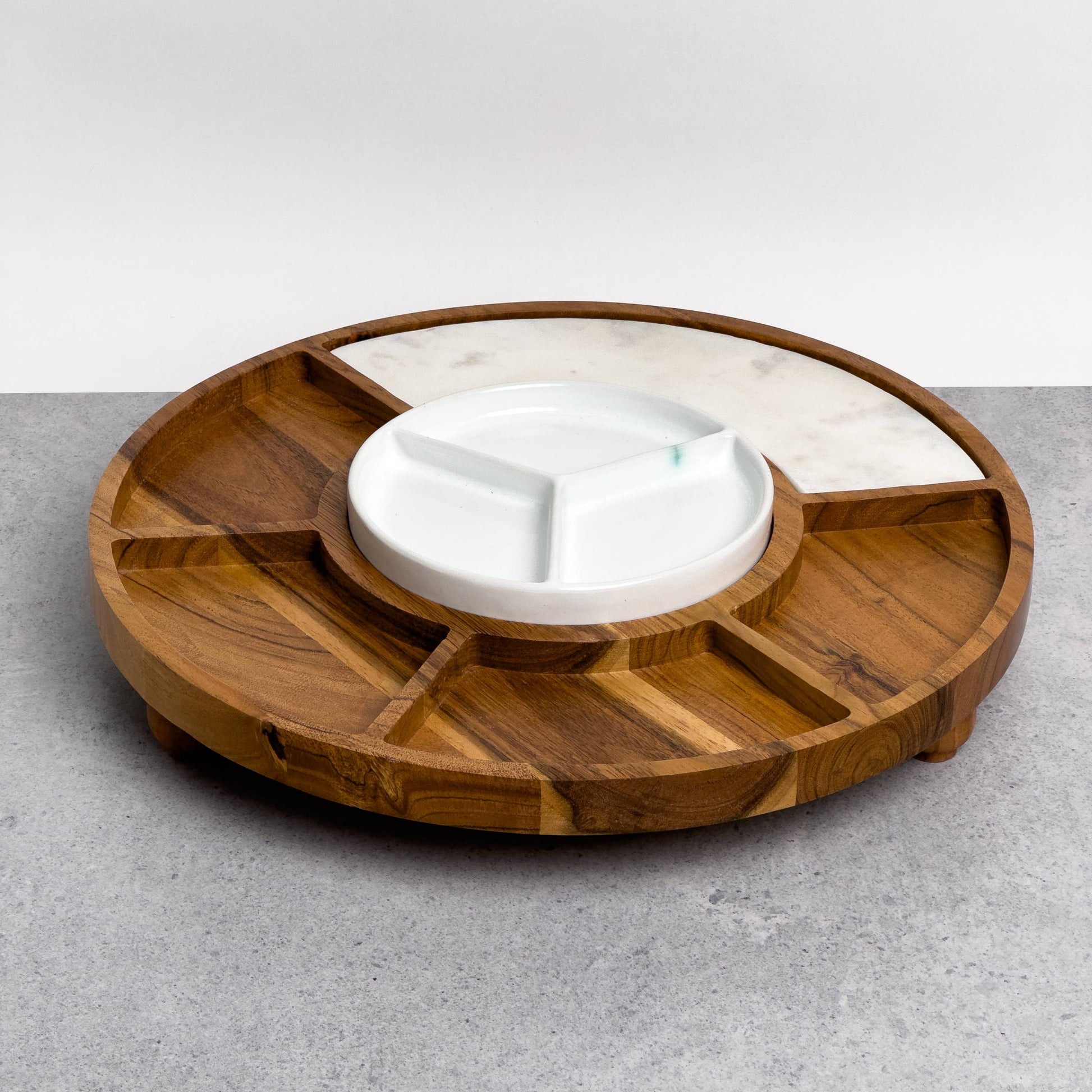 Sectioned serving tray with Wood, Ceramic, & Marble -