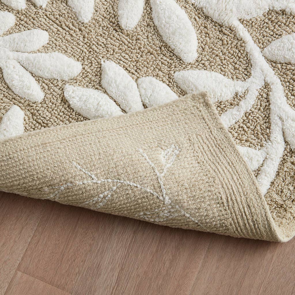 Dimensional Leaf Cotton Tufted Anti-Skid Bath Rug, Taupe -