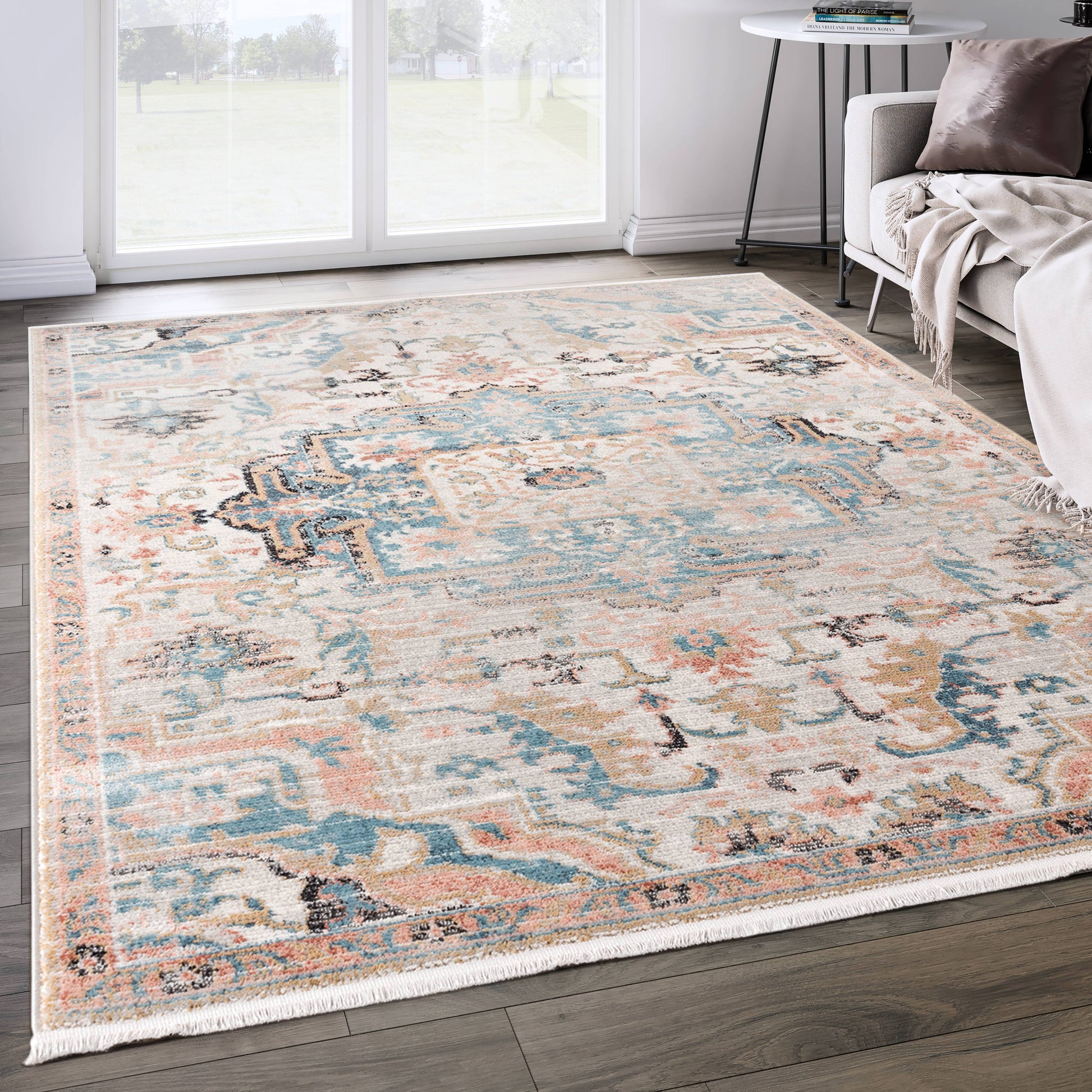 Abani Azure Beige Faded Blue Medallion Area Rug -