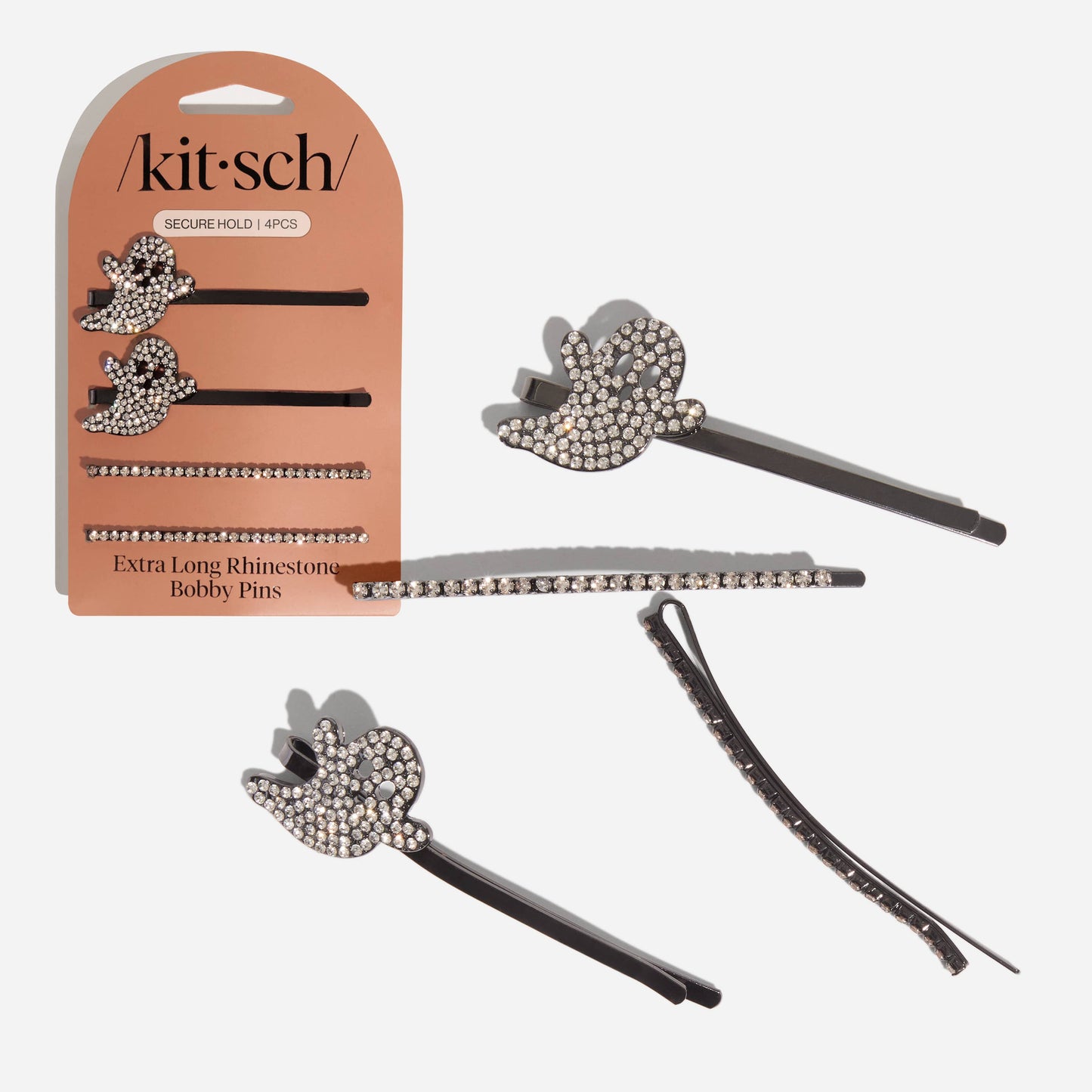 Extra Long Metal Rhinestone Bobby Pins 4pc Set - Ghost -