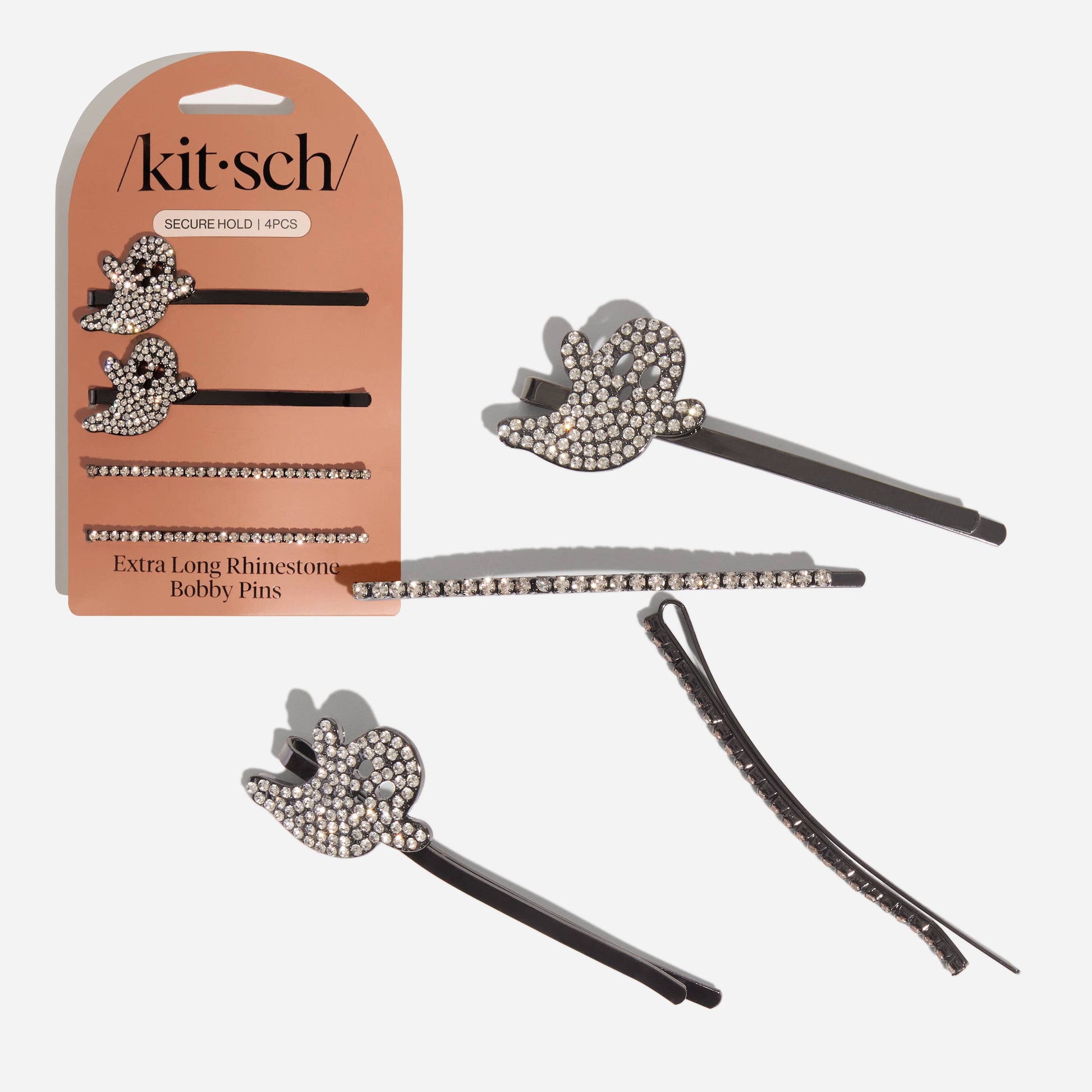 Extra Long Metal Rhinestone Bobby Pins 4pc Set - Ghost -