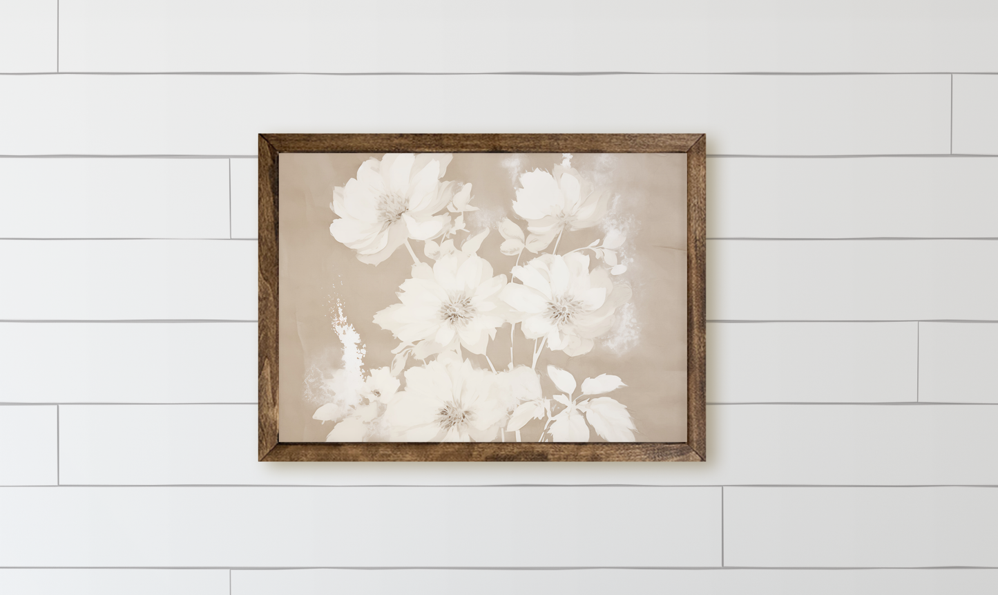 Cream Neutral Flowers Wood Framed Sign -