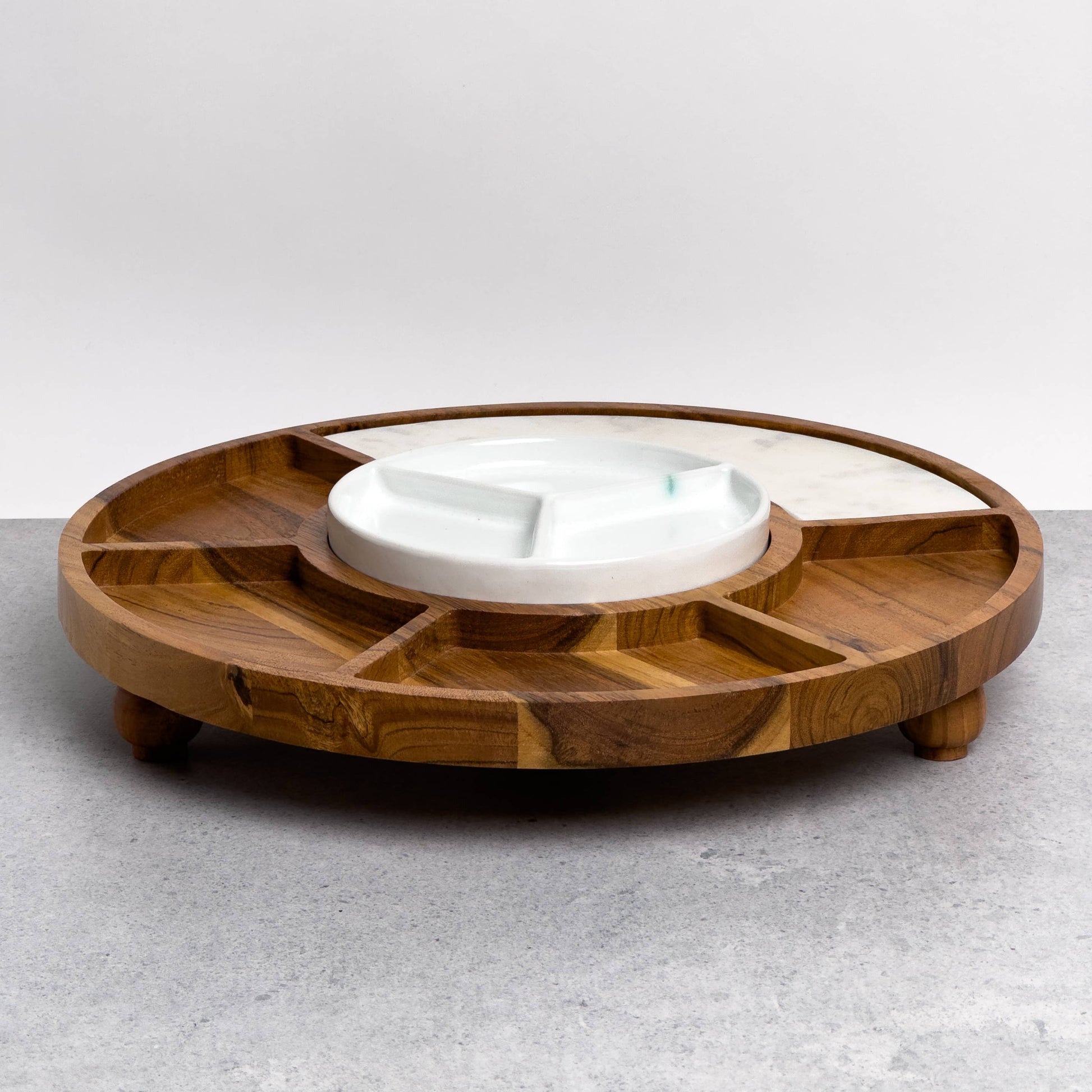 Sectioned serving tray with Wood, Ceramic, & Marble -