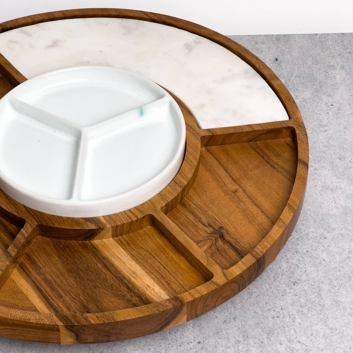 Sectioned serving tray with Wood, Ceramic, & Marble -