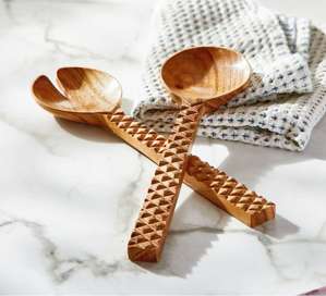 Carved Handle Serving Utensil Set of 2 Natural Acacia Wood -