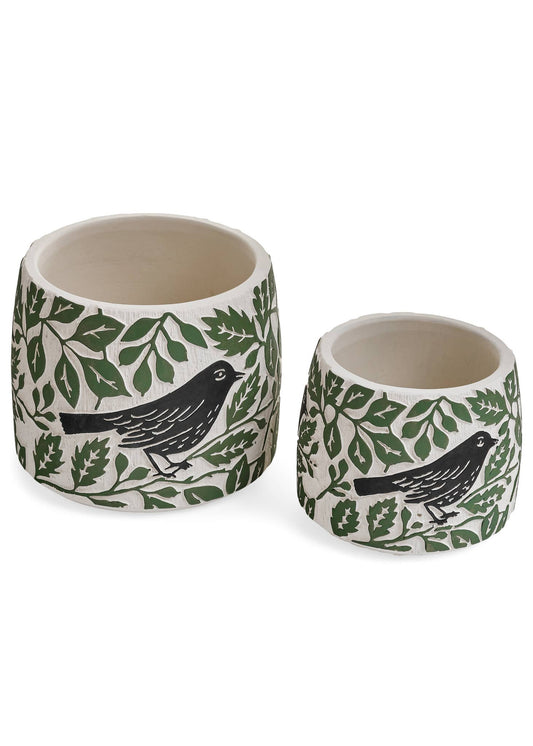 PLANTER LG BIRD CEMENT ECRU/GREEN/BLACK 6X5 -