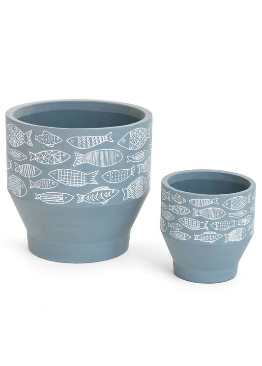 PLANTER LG W/FISH CMT GREY/WHITE 9X9 -