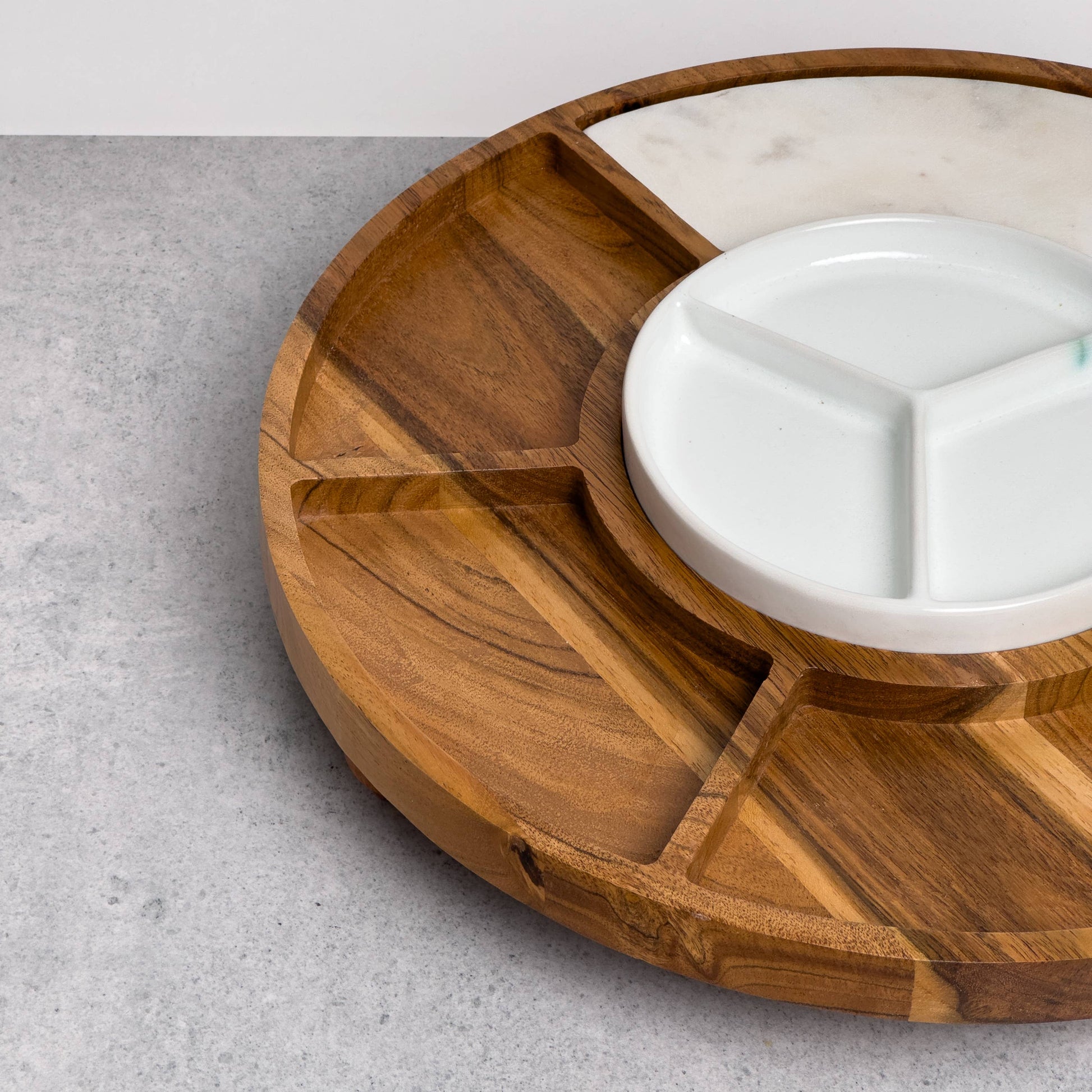 Sectioned serving tray with Wood, Ceramic, & Marble -