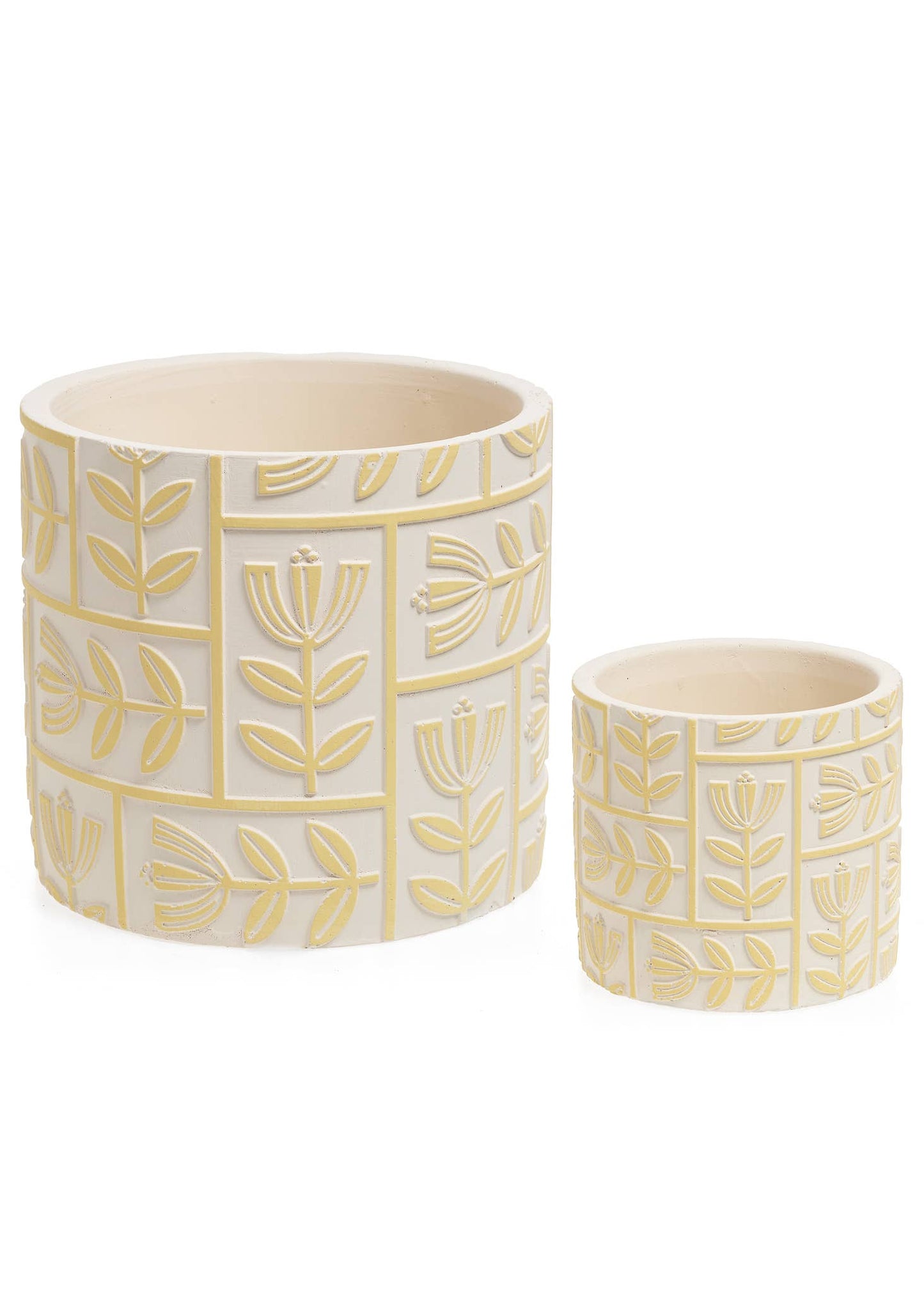 PLANTER LG CEMENT EMBOSSED LEAFS BEIG-YELLW -
