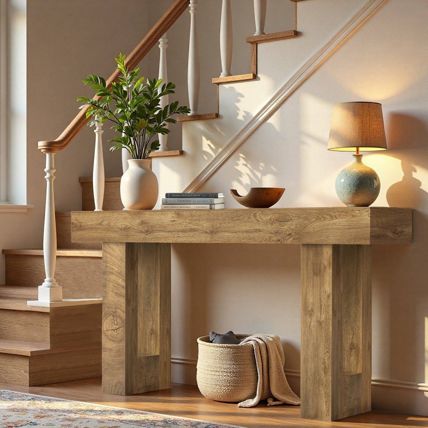 63'' Long Console Table, Farmhouse Entryway Table with Storage, Native Wood Grain Tree Scars, Wooden Rectangular Sofa Table Behind Couch for Entrance, Hallway, Living Room, Foyer (Natural Wood) -