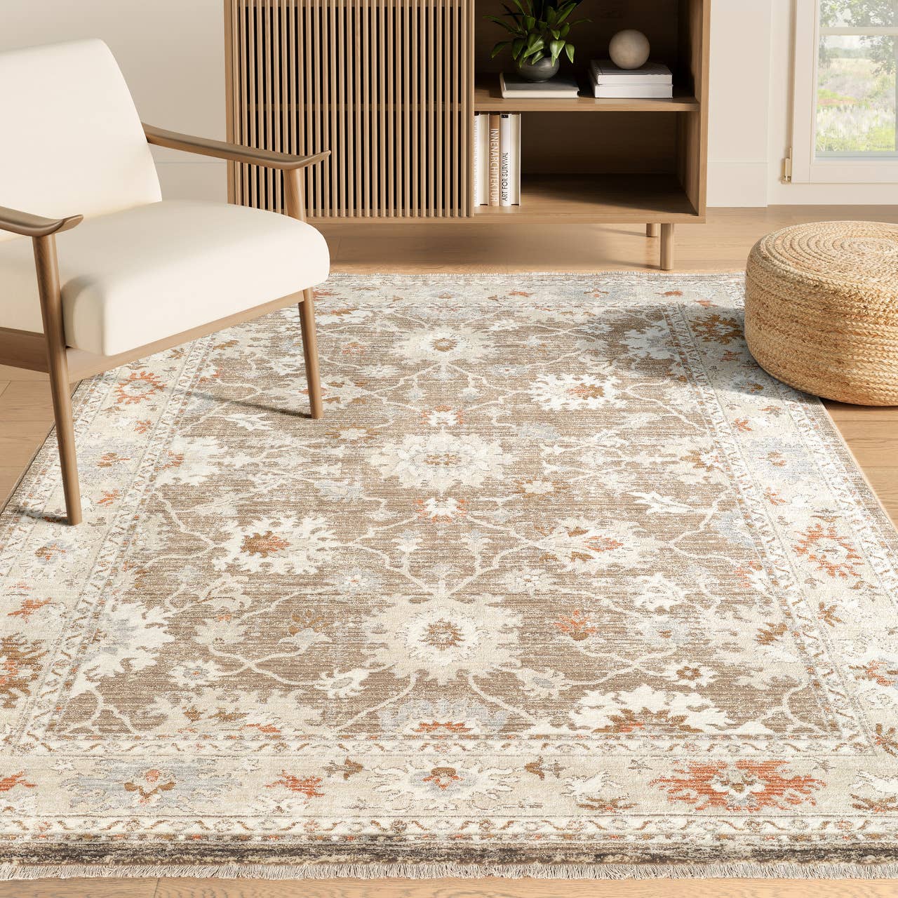 Alara Taupe Cream Vintage Medallion Floral Area Rug -
