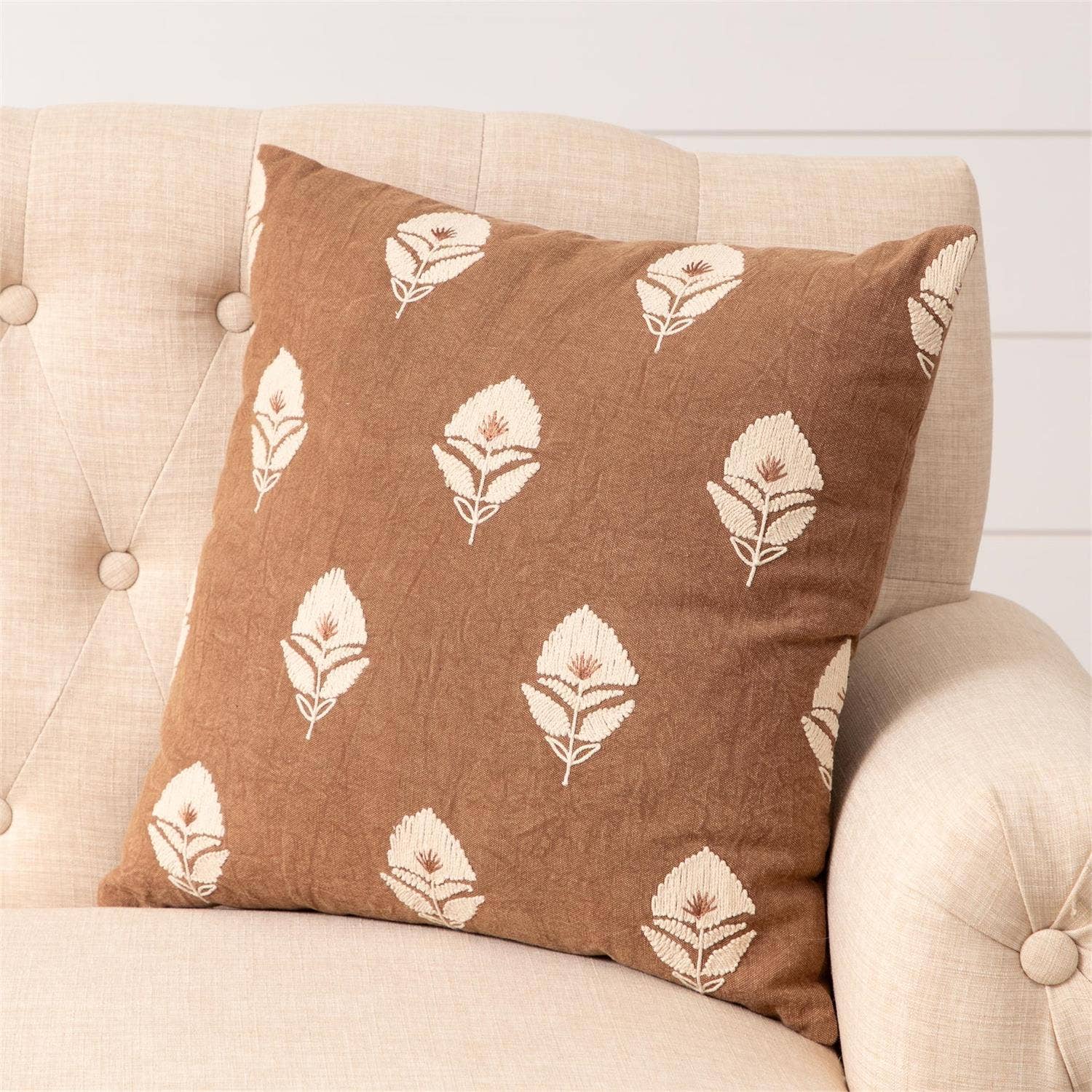Pillow - Rust With Embroidered Floral Block Print (PC) -