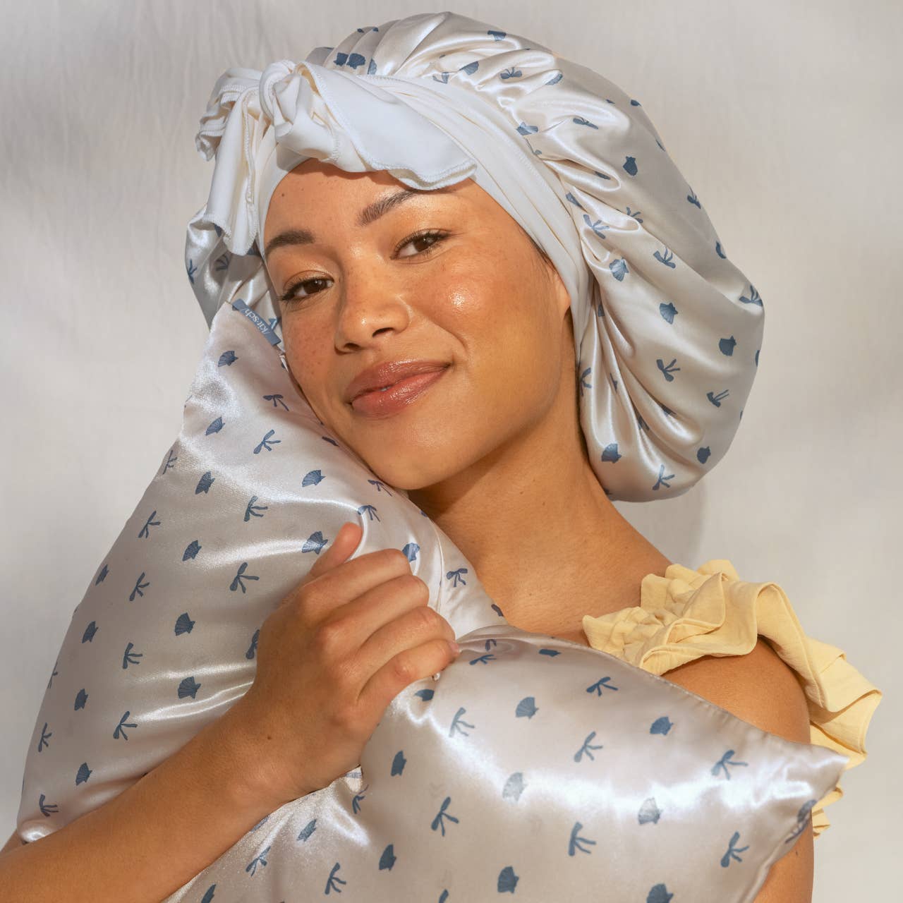 Standard Satin Pillowcase - Pearlized Cream & Coastal Blue Print -