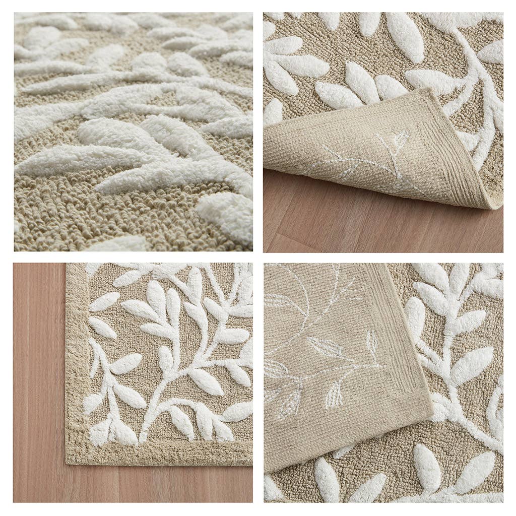 Dimensional Leaf Cotton Tufted Anti-Skid Bath Rug, Taupe -