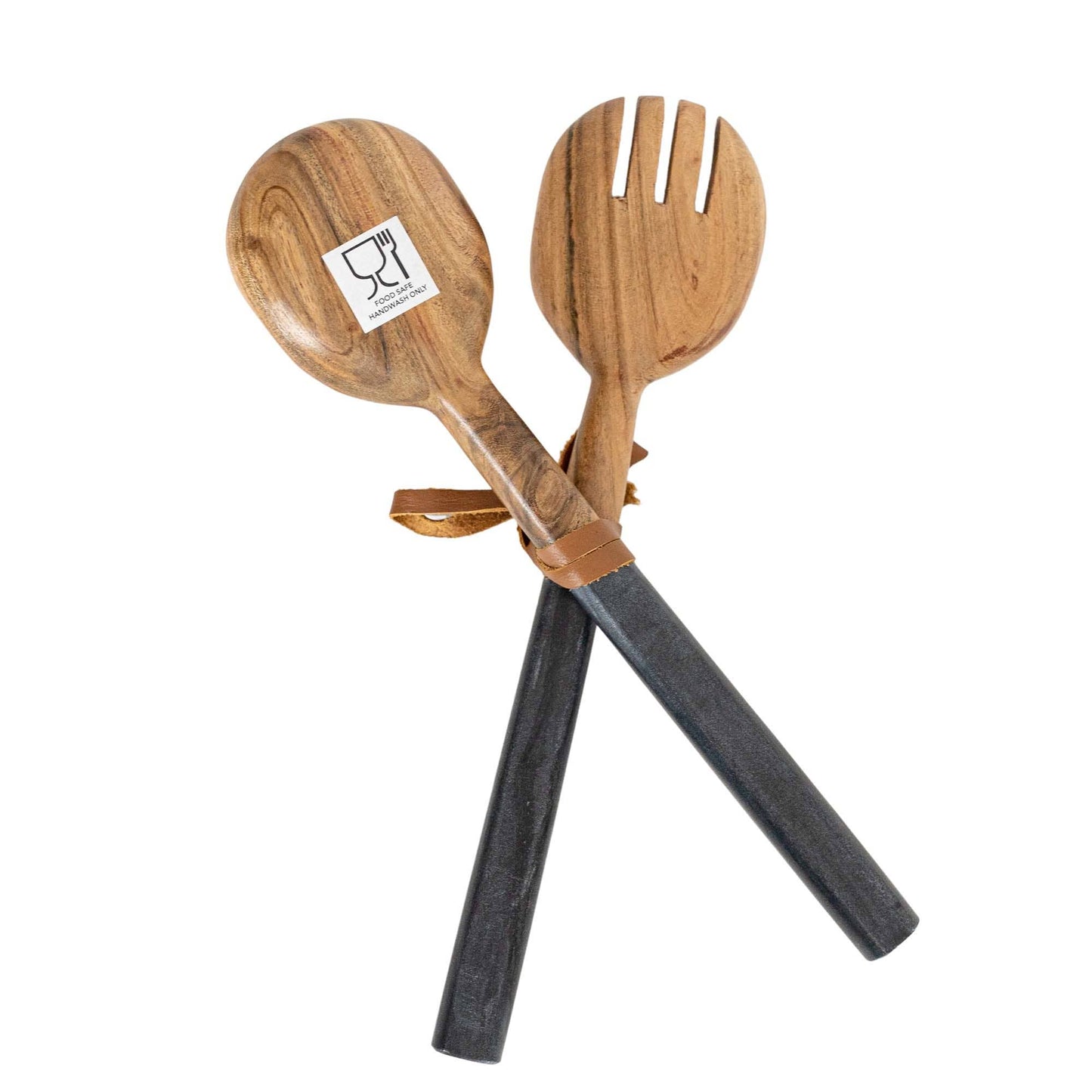 Louisa Set 2 Serving Wood Utensils Black Marble Handles -