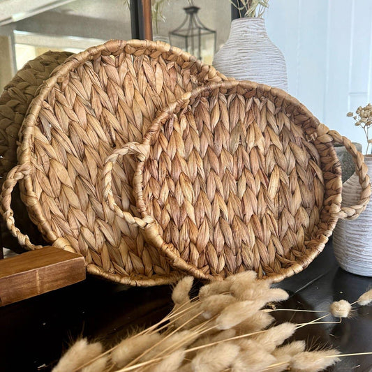 WG-1003 - Round Handled Water Hyacinth Trays, set of 2 - Decorative Trays