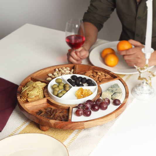 Sectioned serving tray with Wood, Ceramic, & Marble -