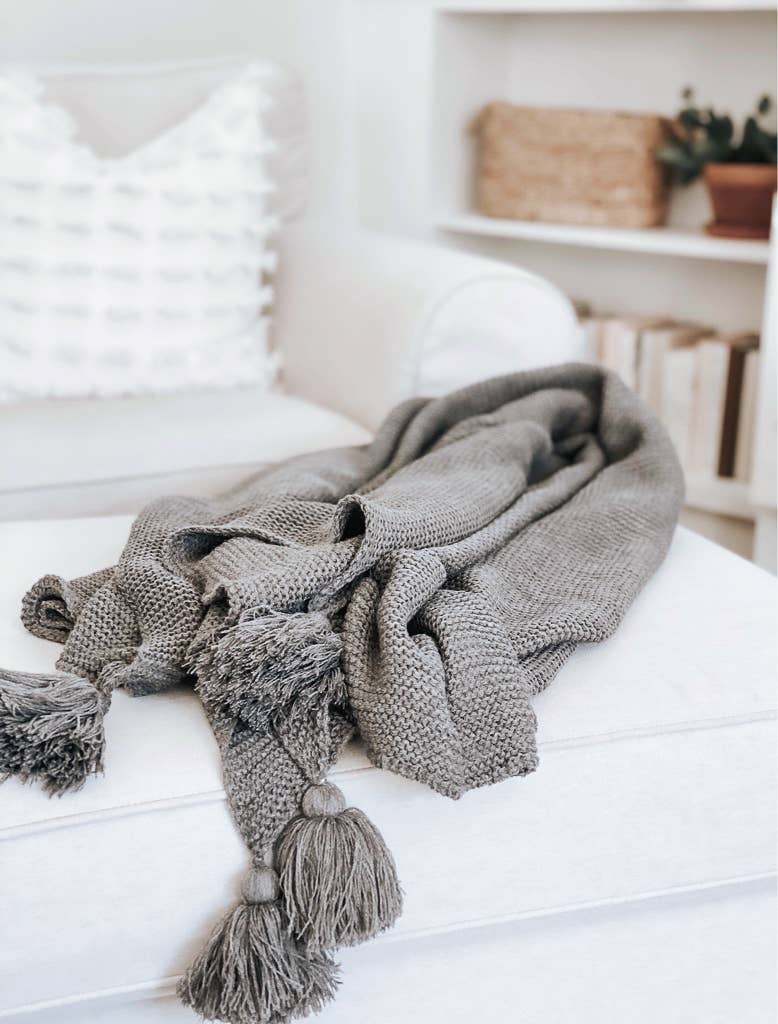 Knit Throw Blanket With Tassels -