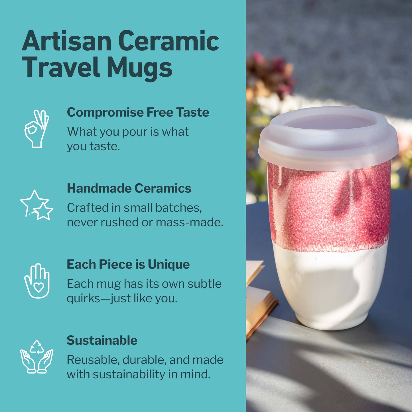 Coral Pink Ceramic Travel Mug – 12oz Reusable Stoneware Cup -