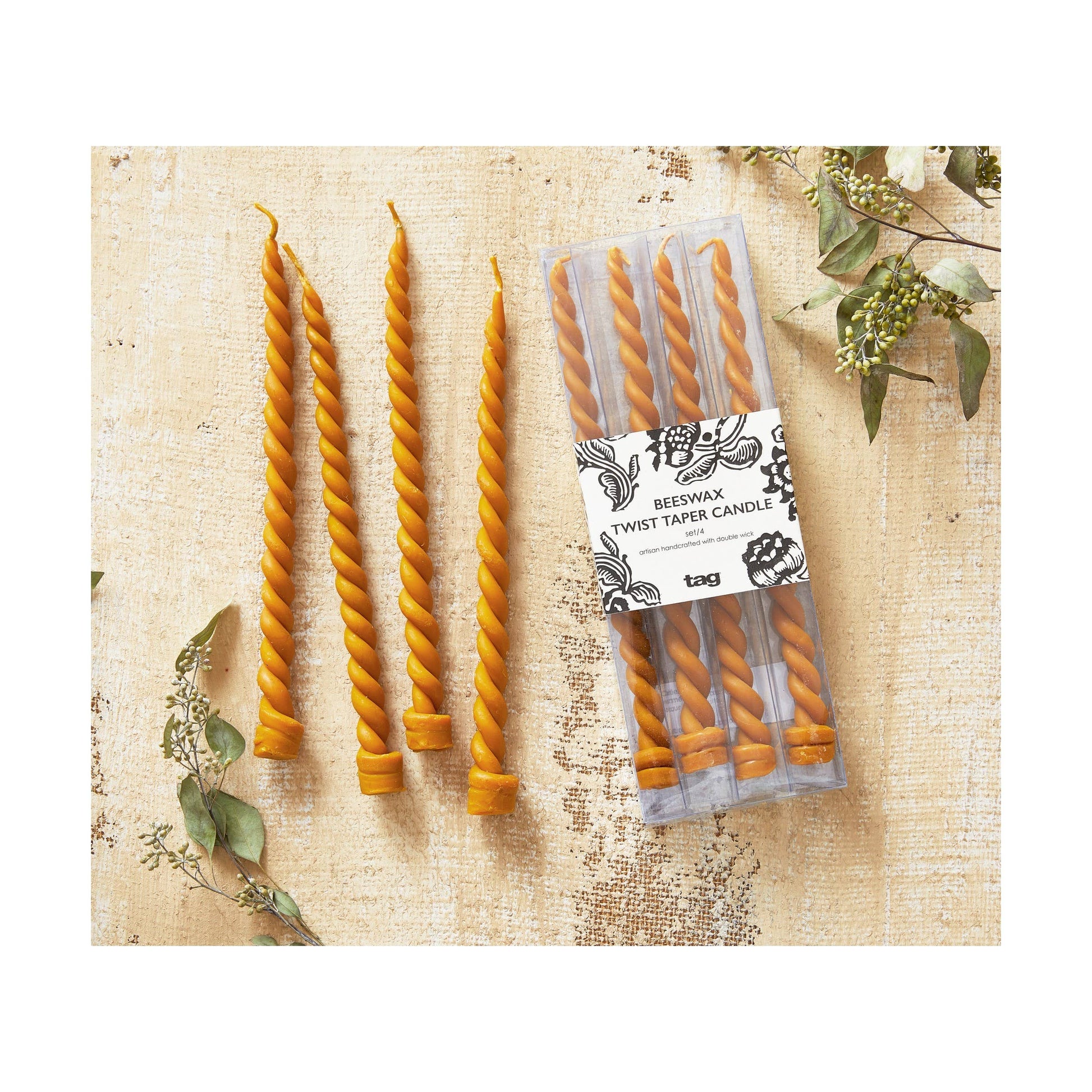 Twin Flame Twisted Beeswax Taper Set of 4 Honey Everyday - Candles