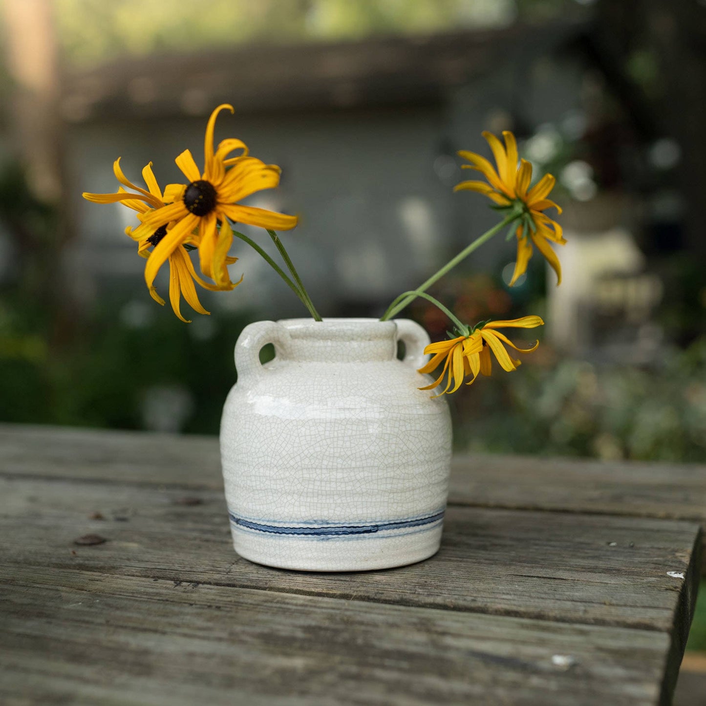 Edaline Vintage Crackle Ceramic Blue Stripe Vase Handles - Vases