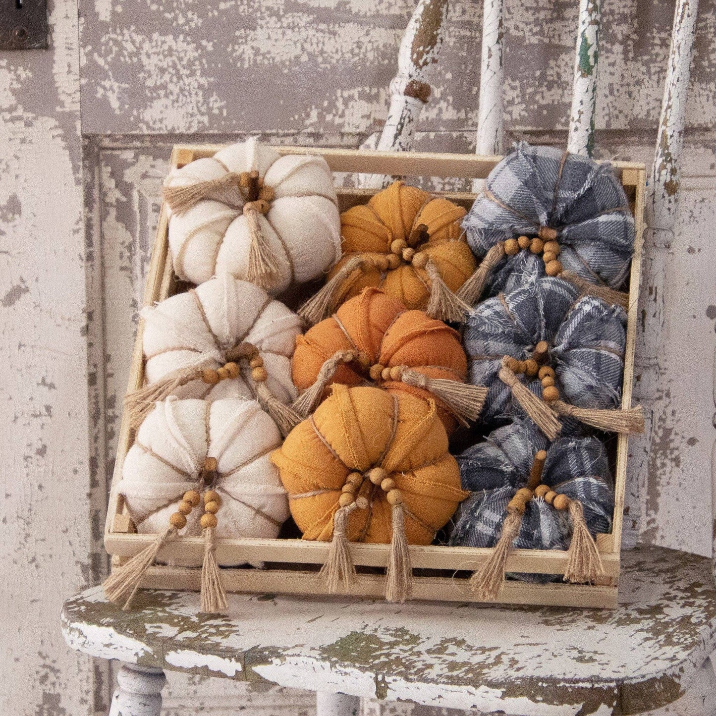 Crate Of 9 - Fabric Pumpkins With Bead Tassel (Pk/09 Ast) -