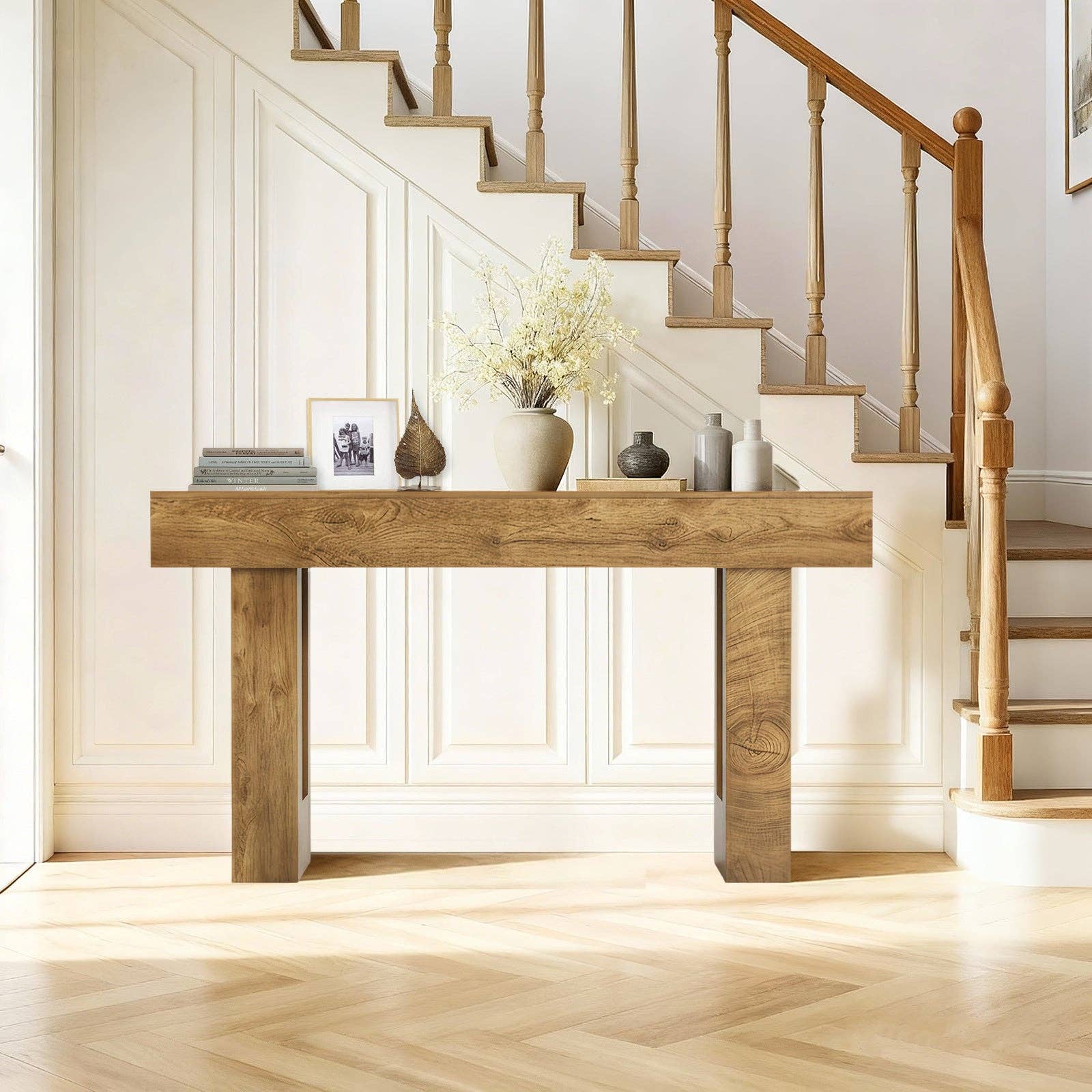 63'' Long Console Table, Farmhouse Entryway Table with Storage, Native Wood Grain Tree Scars, Wooden Rectangular Sofa Table Behind Couch for Entrance, Hallway, Living Room, Foyer (Natural Wood) -