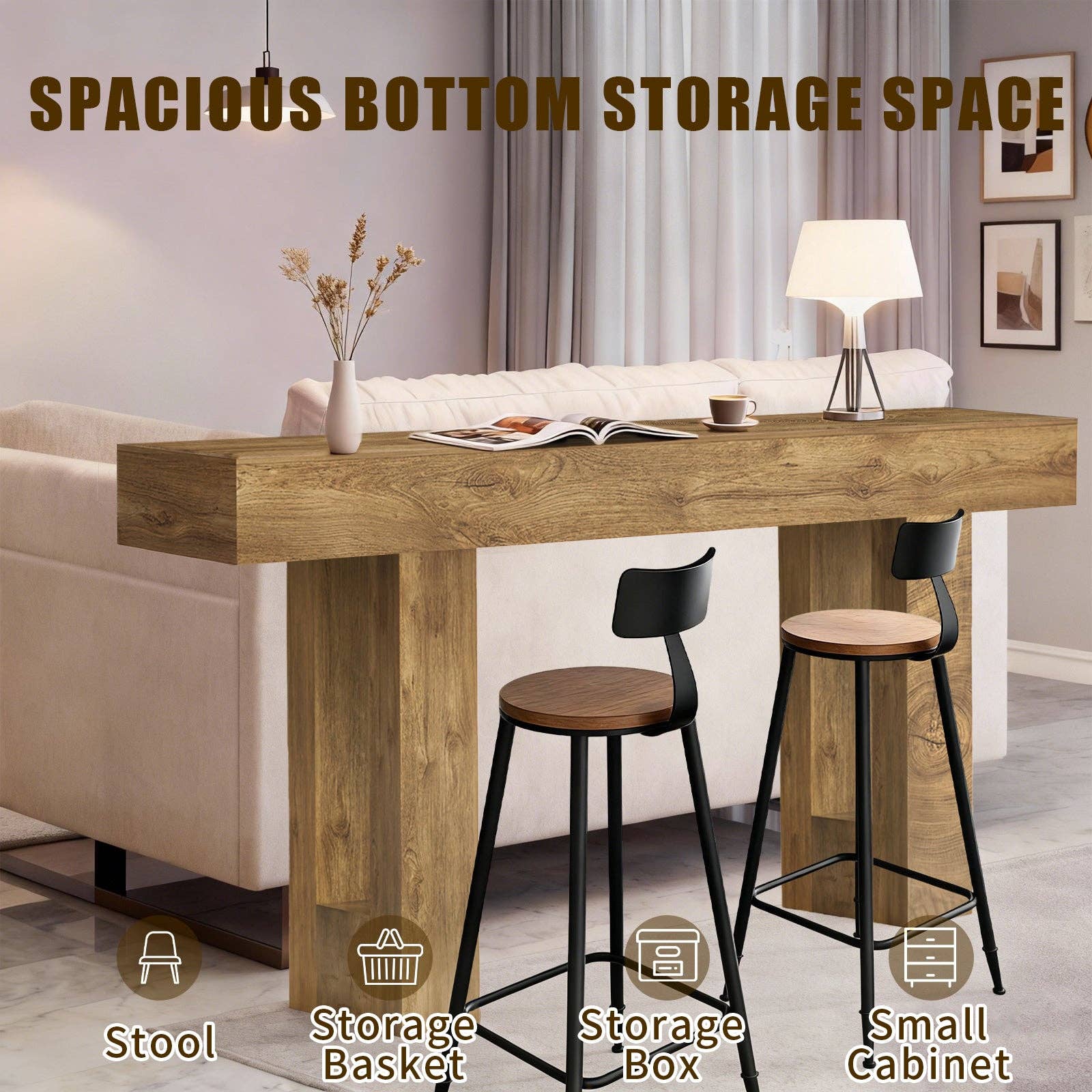 63'' Long Console Table, Farmhouse Entryway Table with Storage, Native Wood Grain Tree Scars, Wooden Rectangular Sofa Table Behind Couch for Entrance, Hallway, Living Room, Foyer (Natural Wood) -