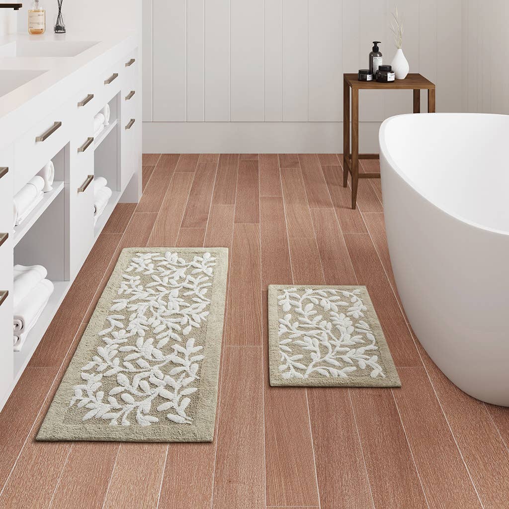 Dimensional Leaf Cotton Tufted Anti-Skid Bath Rug, Taupe -
